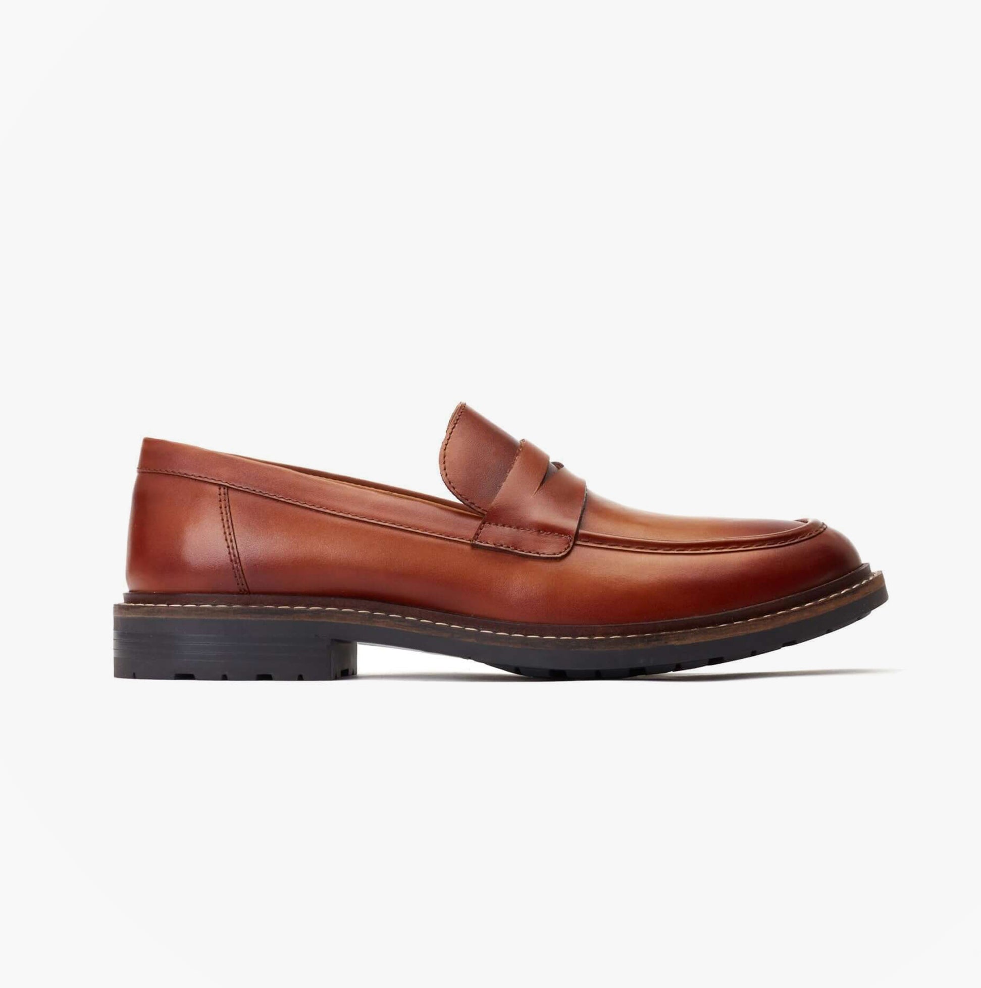 Base London IVEY Mens Shoes Tan side view leather loafers with rubber sole and almond toe shape.