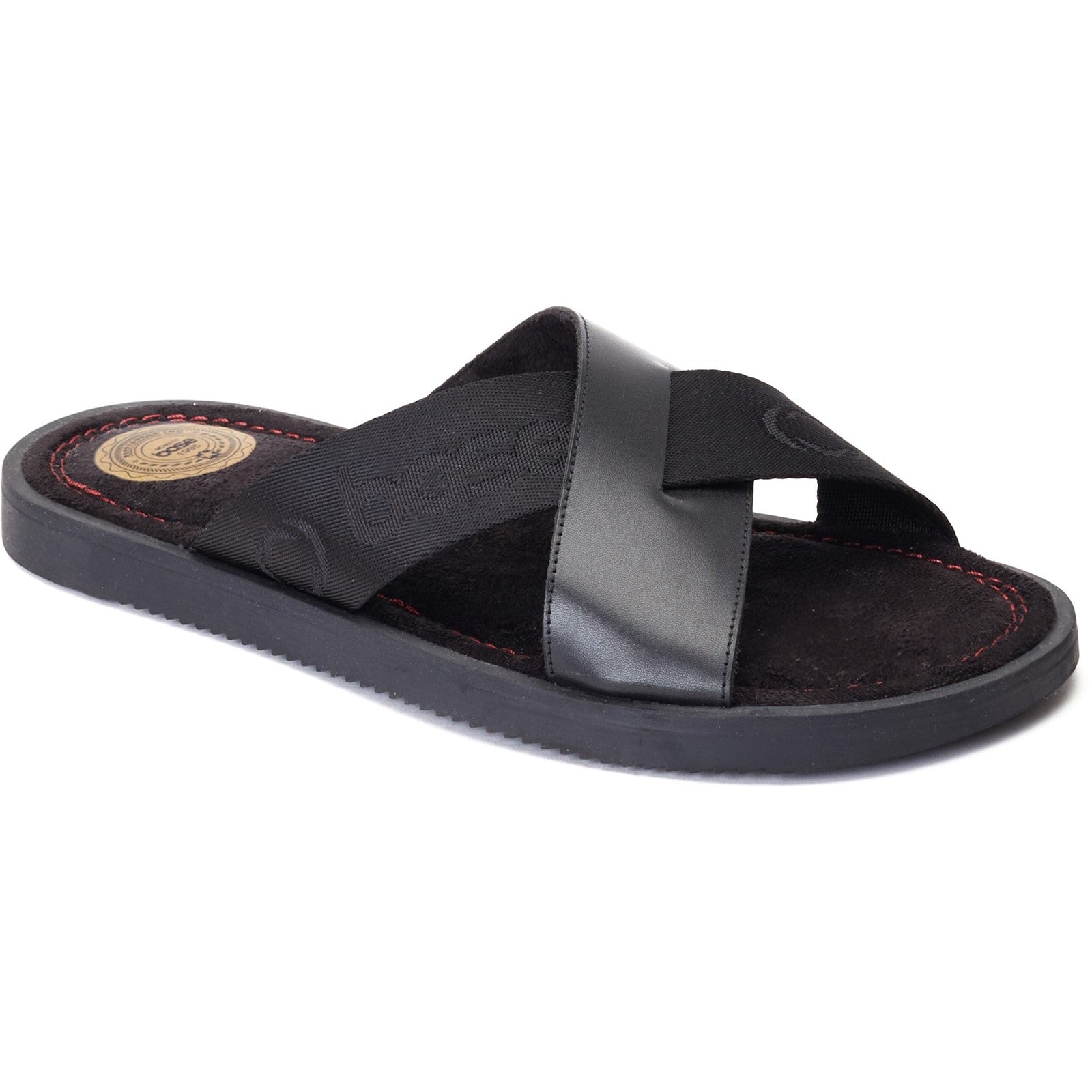 Base London WEBB Mens Sandals Black side view featuring leather upper and synthetic sole, lightweight and slip-on design.