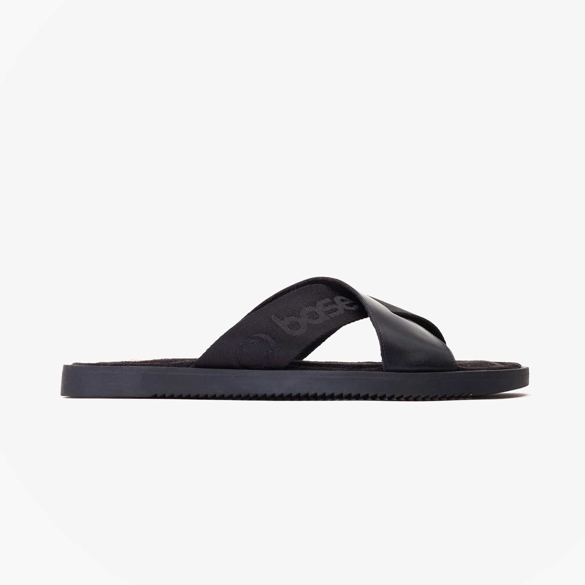 Base London WEBB Mens Sandals Black side view, featuring leather upper, slip-on design, and lightweight flat sole.