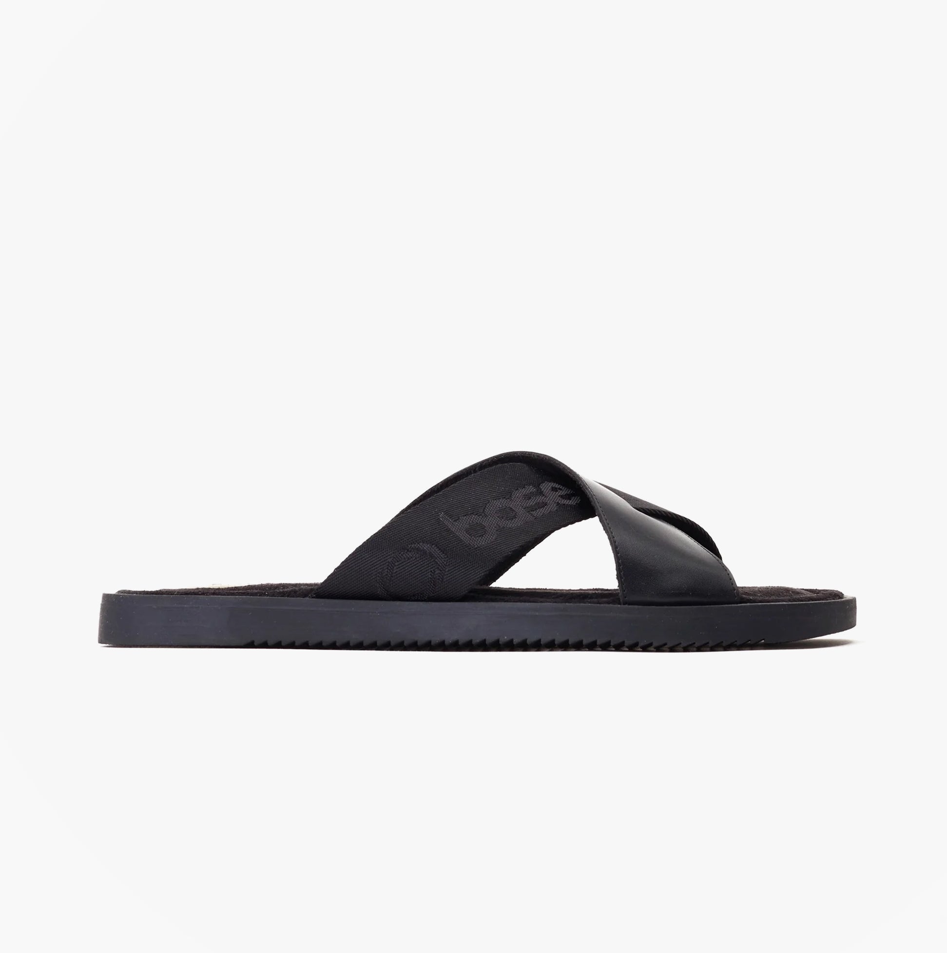 Base London WEBB Mens Sandals Black side view, featuring leather upper, slip-on design, and lightweight flat sole.