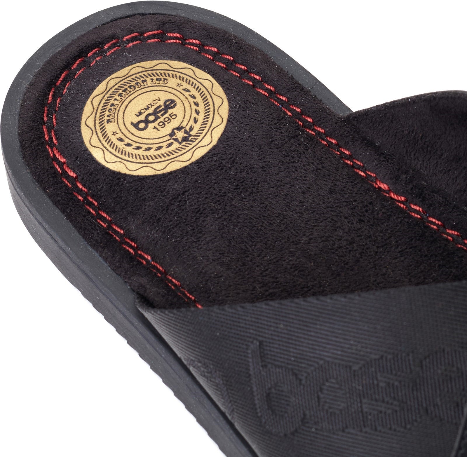 Base London WEBB Mens Sandals Black detail view of sole and logo on insole.