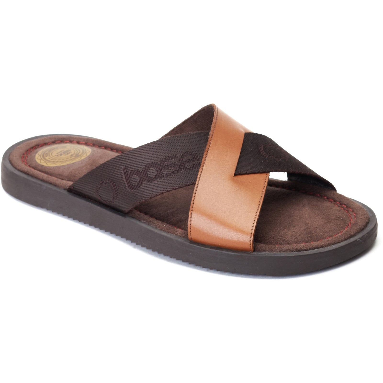 Base London WEBB Mens Sandals Tan side view showing leather upper and synthetic sole with slip-on design.