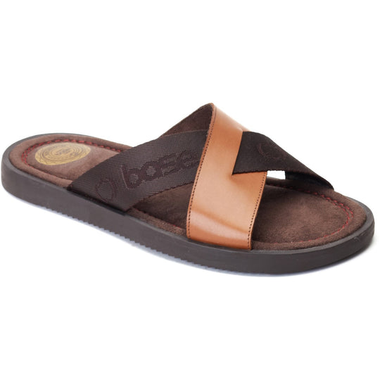 Base London WEBB Mens Sandals Tan side view showing leather upper and synthetic sole with slip-on design.