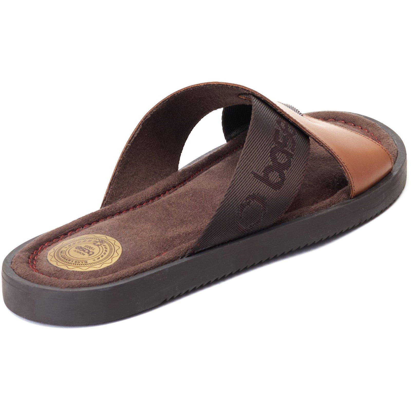 Base London WEBB Mens Sandals Tan side view showing leather upper and slip-on design.