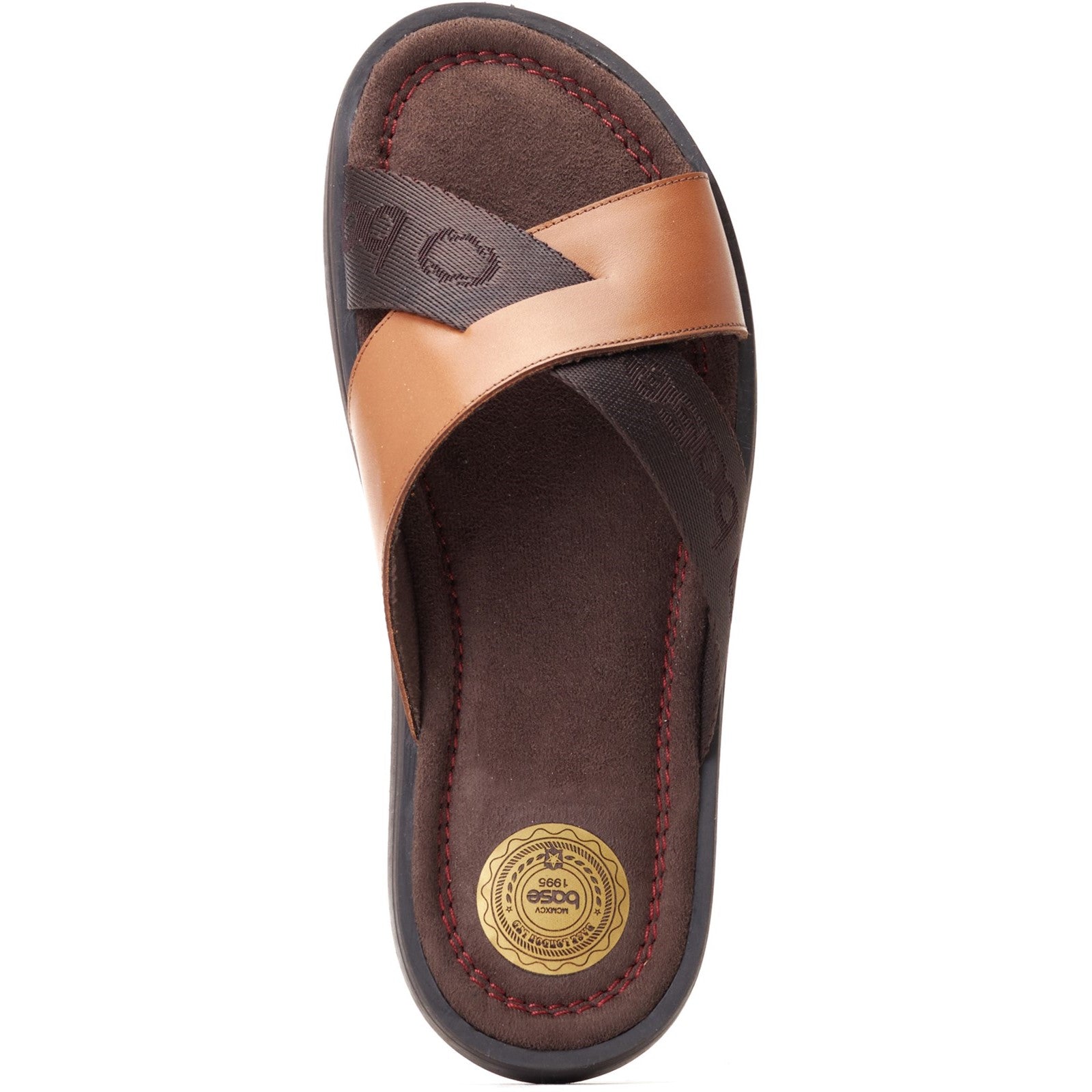 Base London WEBB Mens Sandals Tan top view showing leather upper, slip-on style, and grip soles.