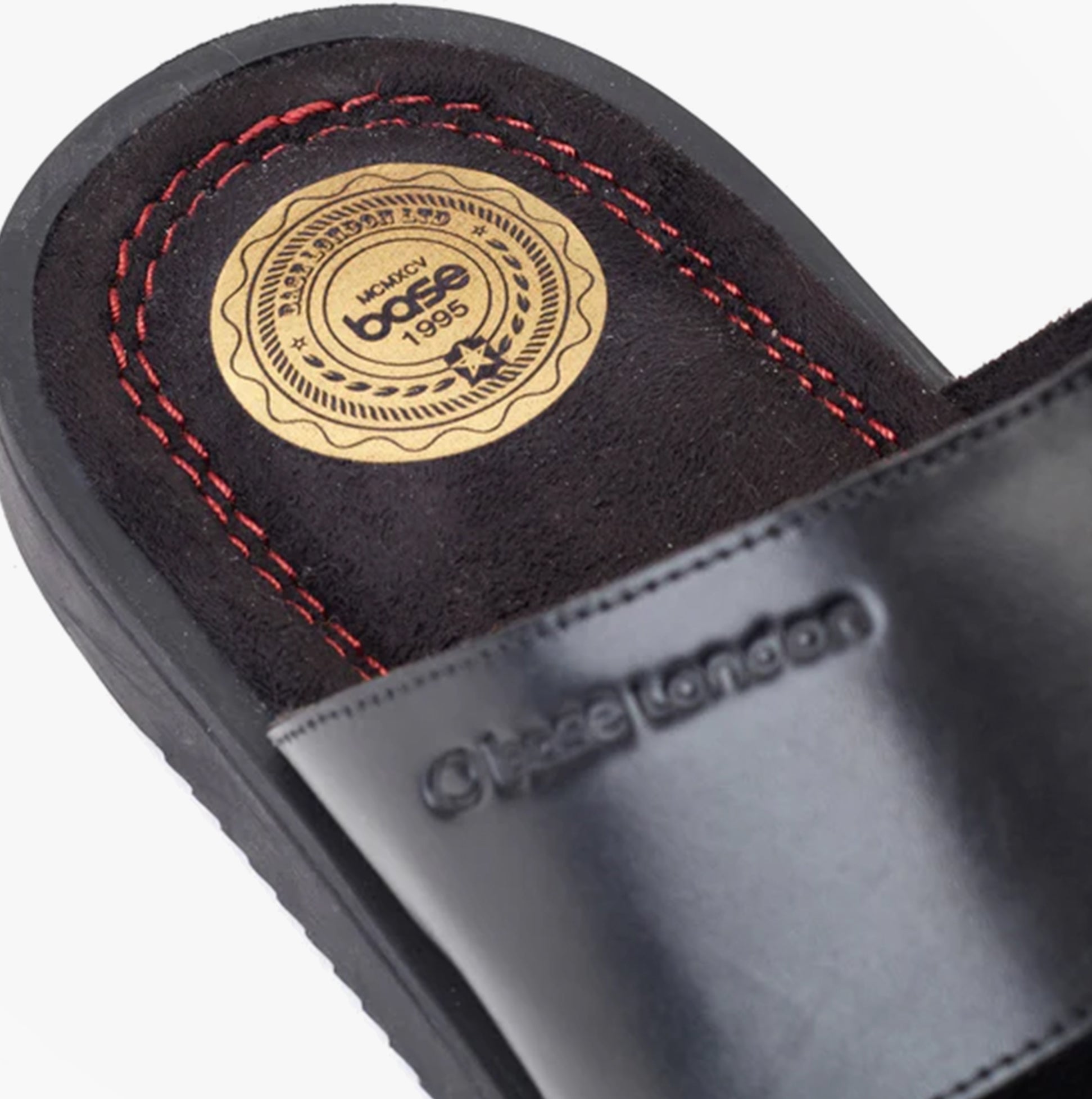Base London MAVEN Mens Sandals Black detail view of footbed and logo