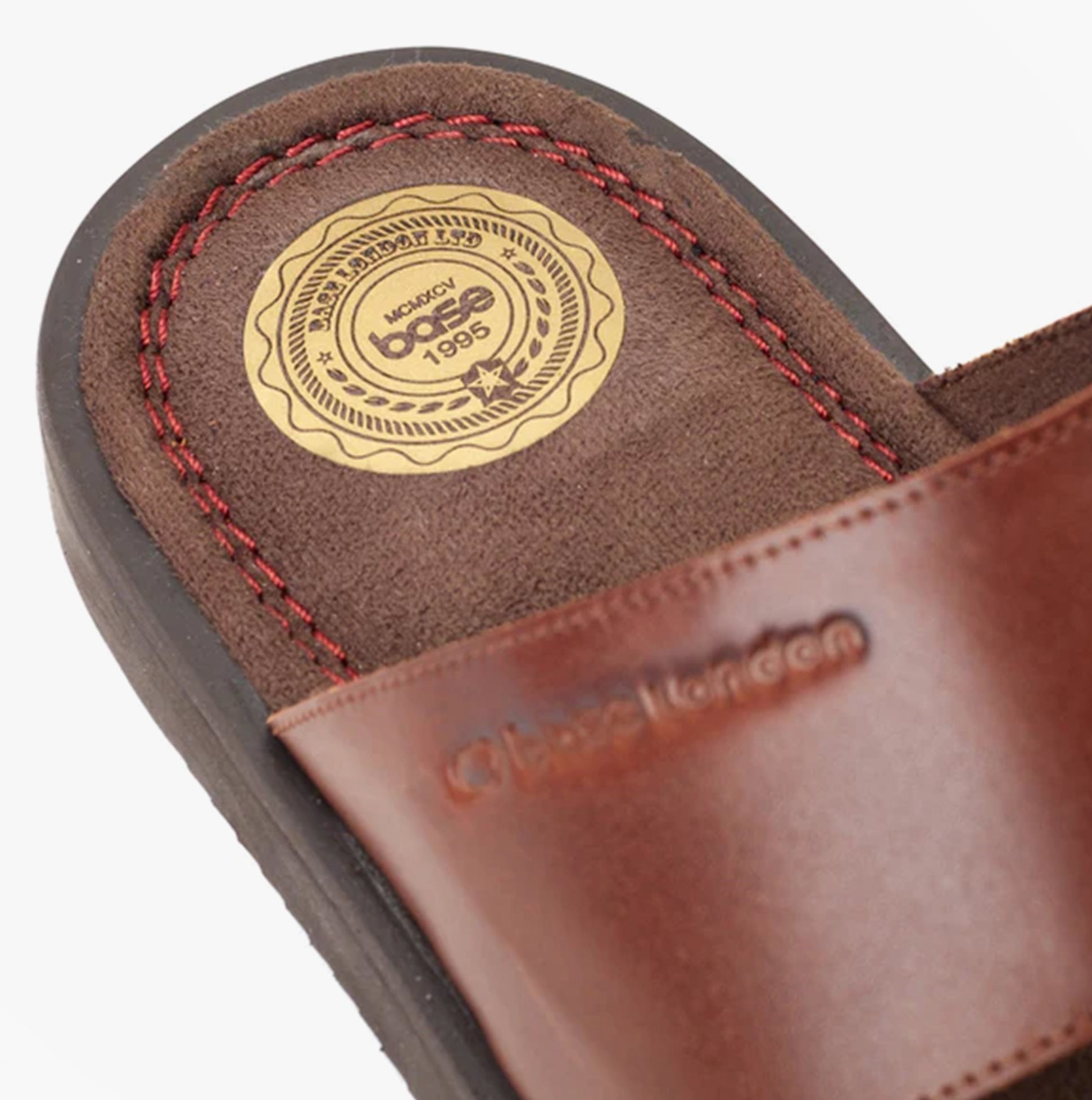 Base London MAVEN Mens Sandals Brown detail view of sole and logo, showcasing leather material and craftsmanship.
