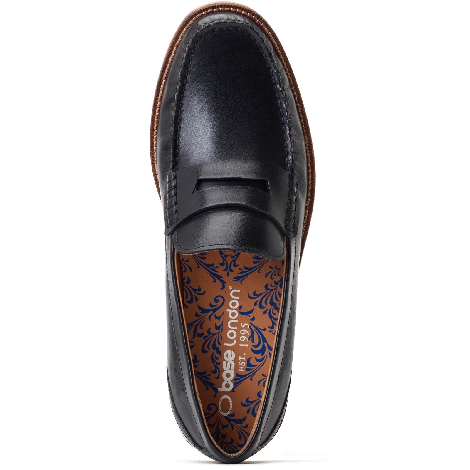 Base London GARFIELD Mens Shoes Black top view leather loafer with slip-on design and patterned insole.