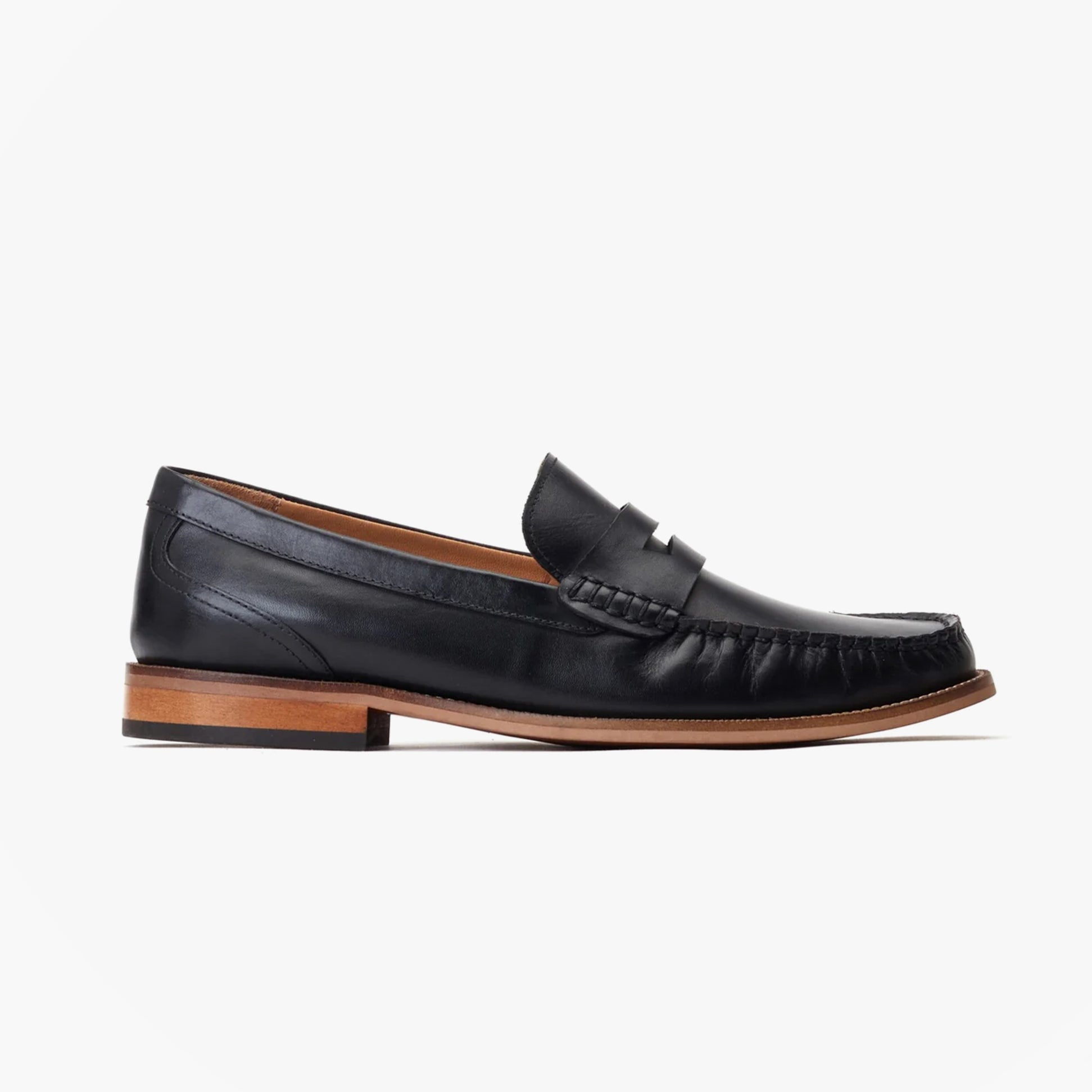 Base London GARFIELD Mens Shoes Black side view of leather loafers with low top and slip-on design