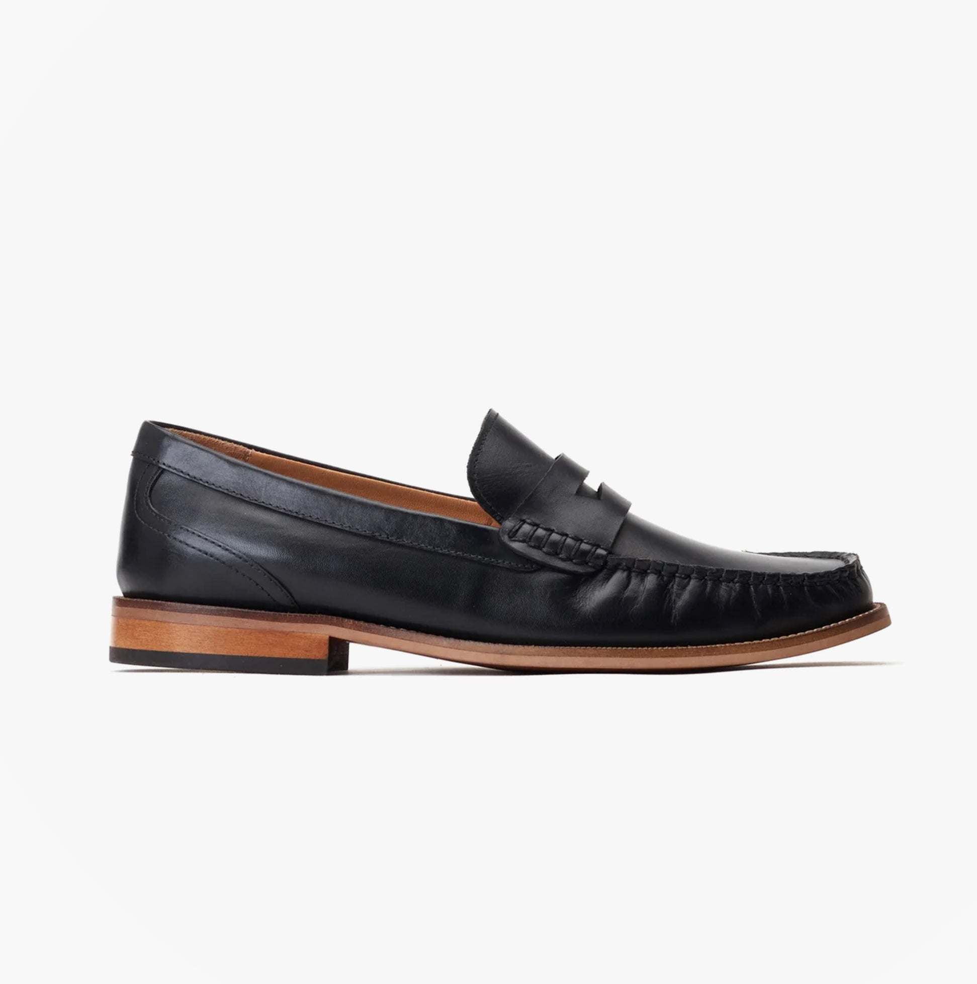 Base London GARFIELD Mens Shoes Black side view of leather loafers with low top and slip-on design