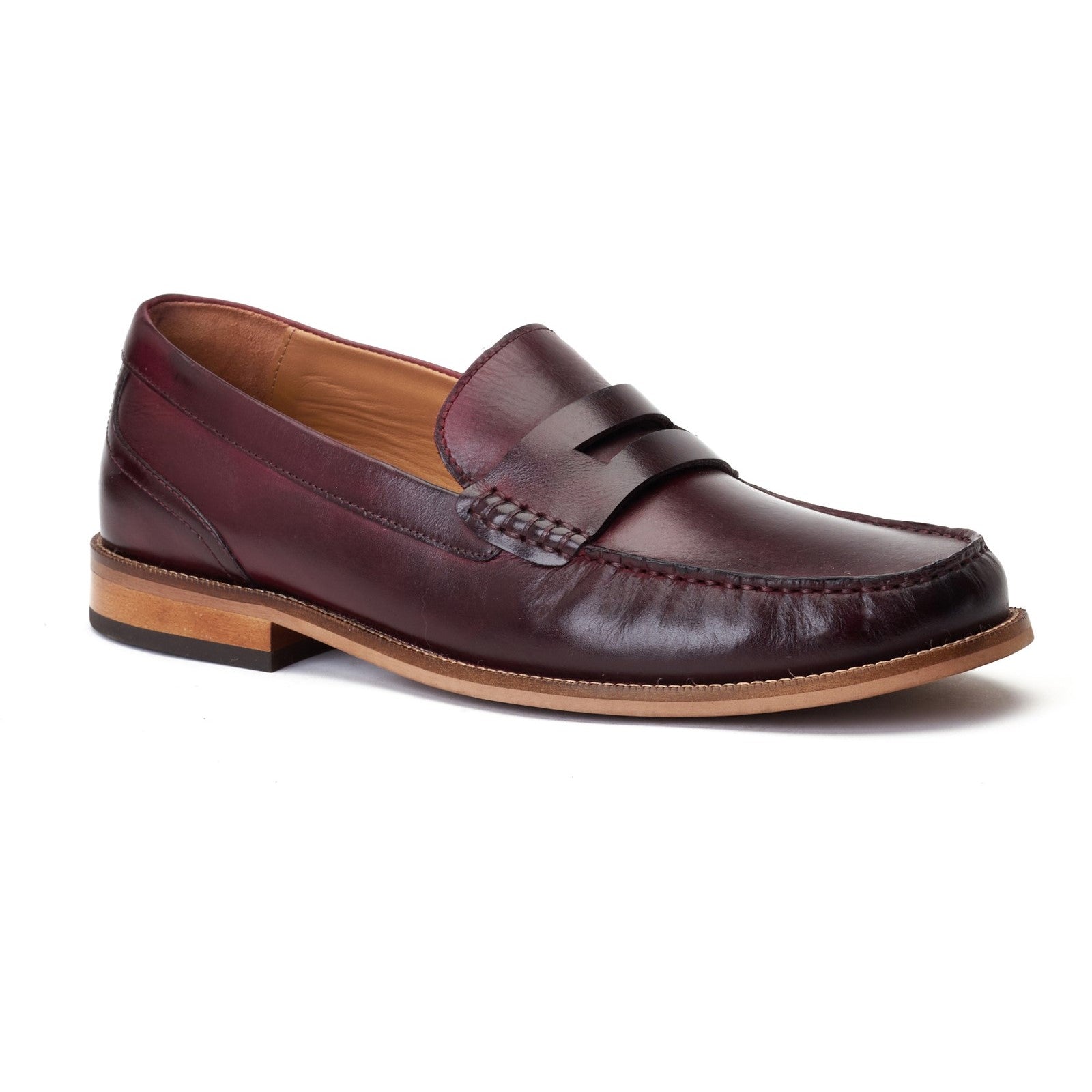 Base London GARFIELD Mens Shoes Wine side view of leather loafers with slip-on closure.