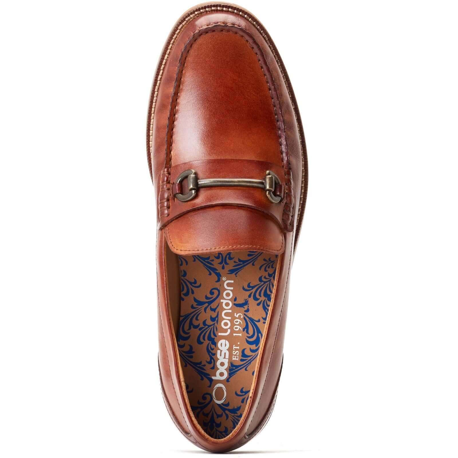 Base London MADISON Mens Shoes Brown top view showing leather loafer design with decorative buckle and blue patterned lining.