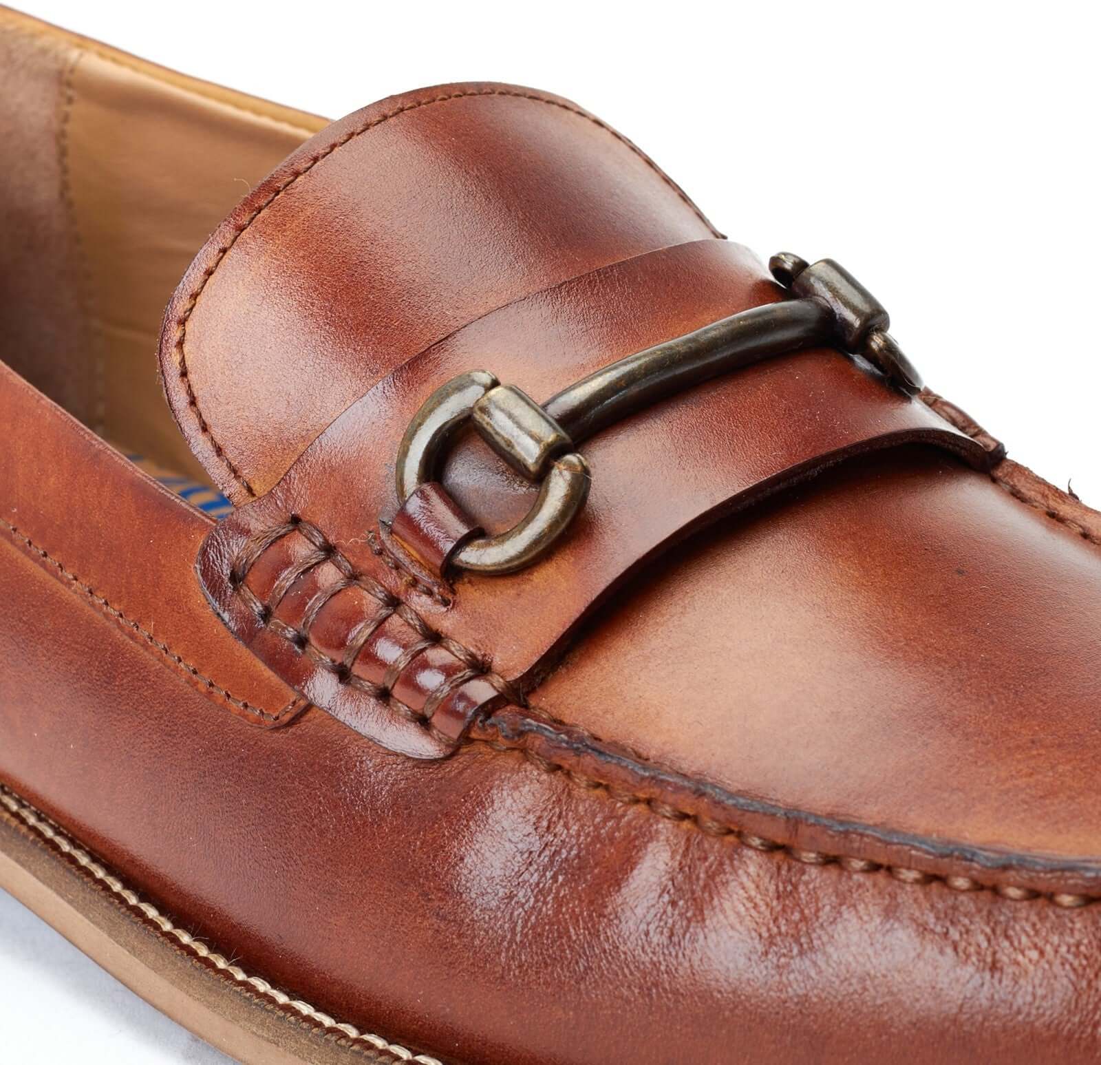 Base London MADISON Mens Shoes Brown detail view of leather loafer with decorative buckle.