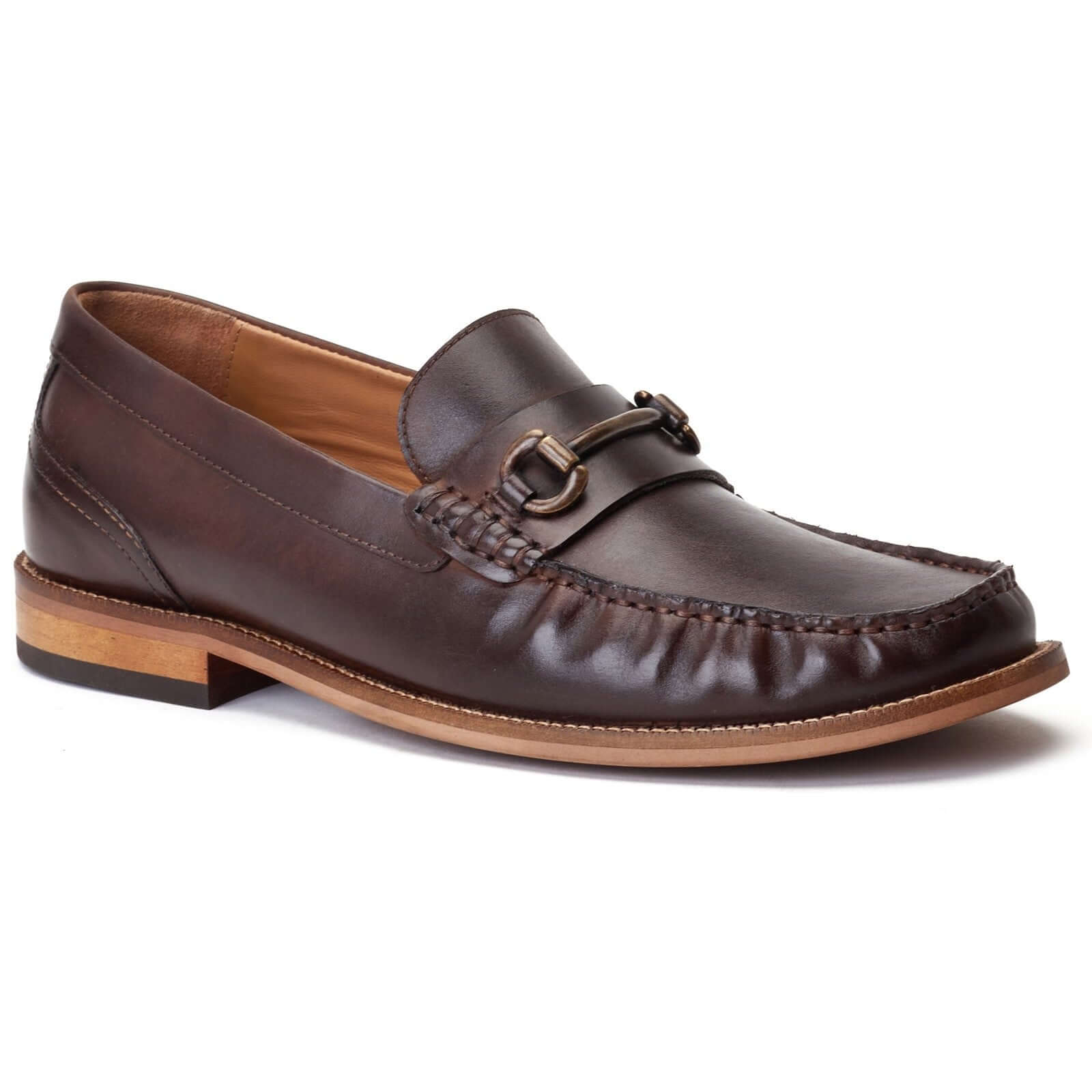 Base London MADISON Mens Shoes Tan side view displaying leather loafers with decorative buckle.