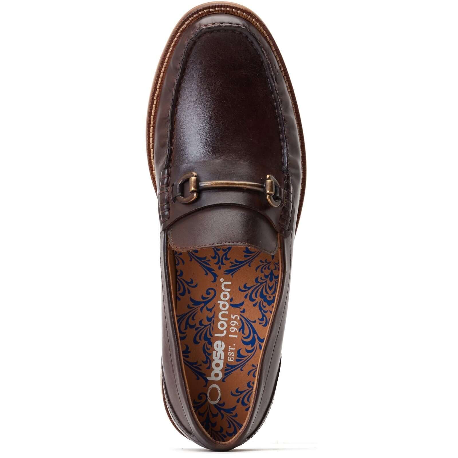 Base London MADISON Mens Shoes Tan top view of leather loafer with detailed insole design.