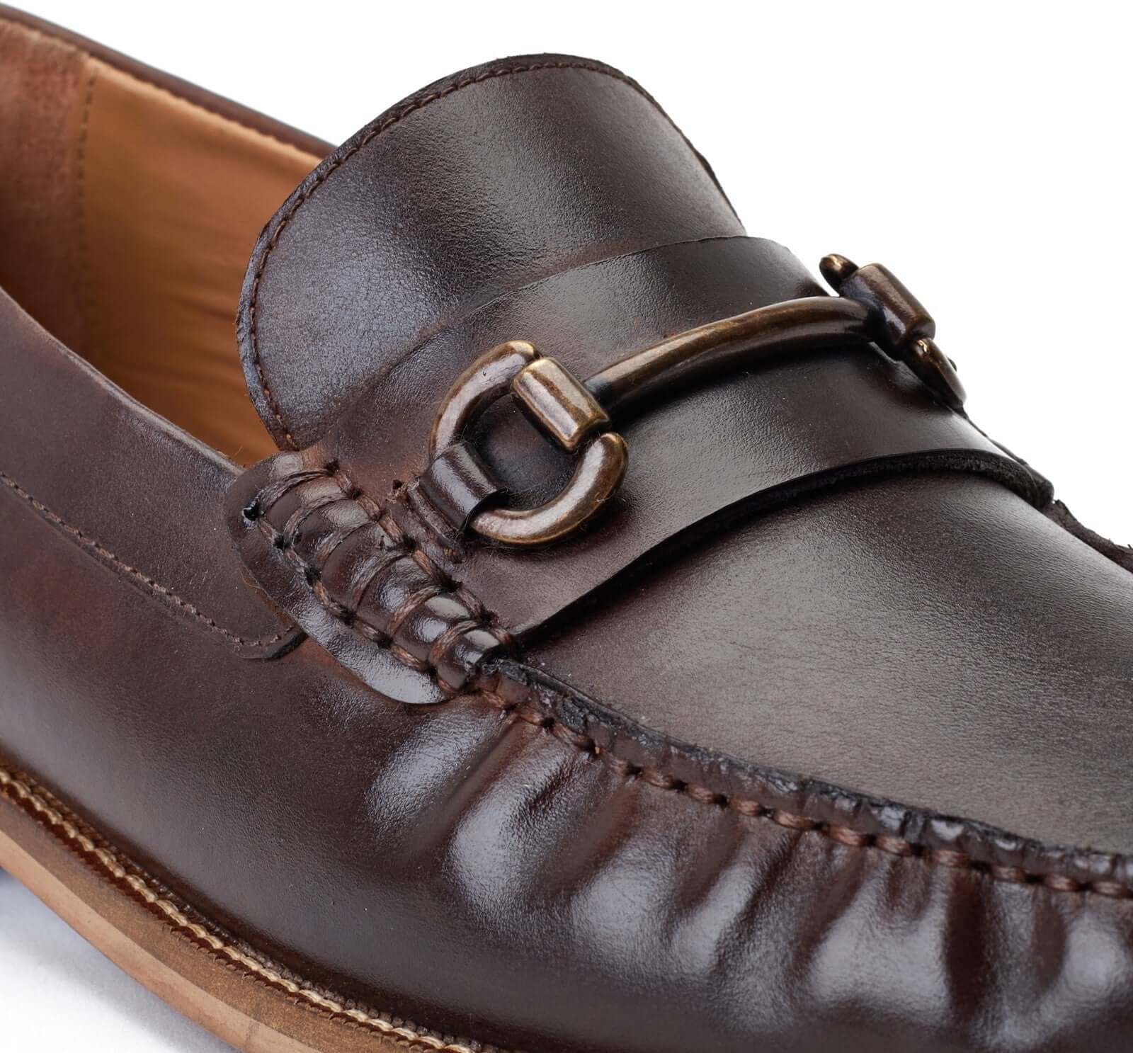 Base London MADISON Mens Shoes Tan detail view of loafer shoe with leather upper and metal buckle decoration