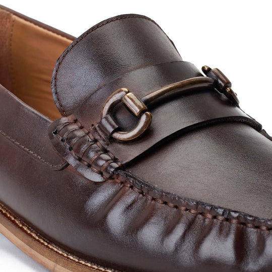 Base London MADISON Mens Shoes Tan detail view of loafer shoe with leather upper and metal buckle decoration