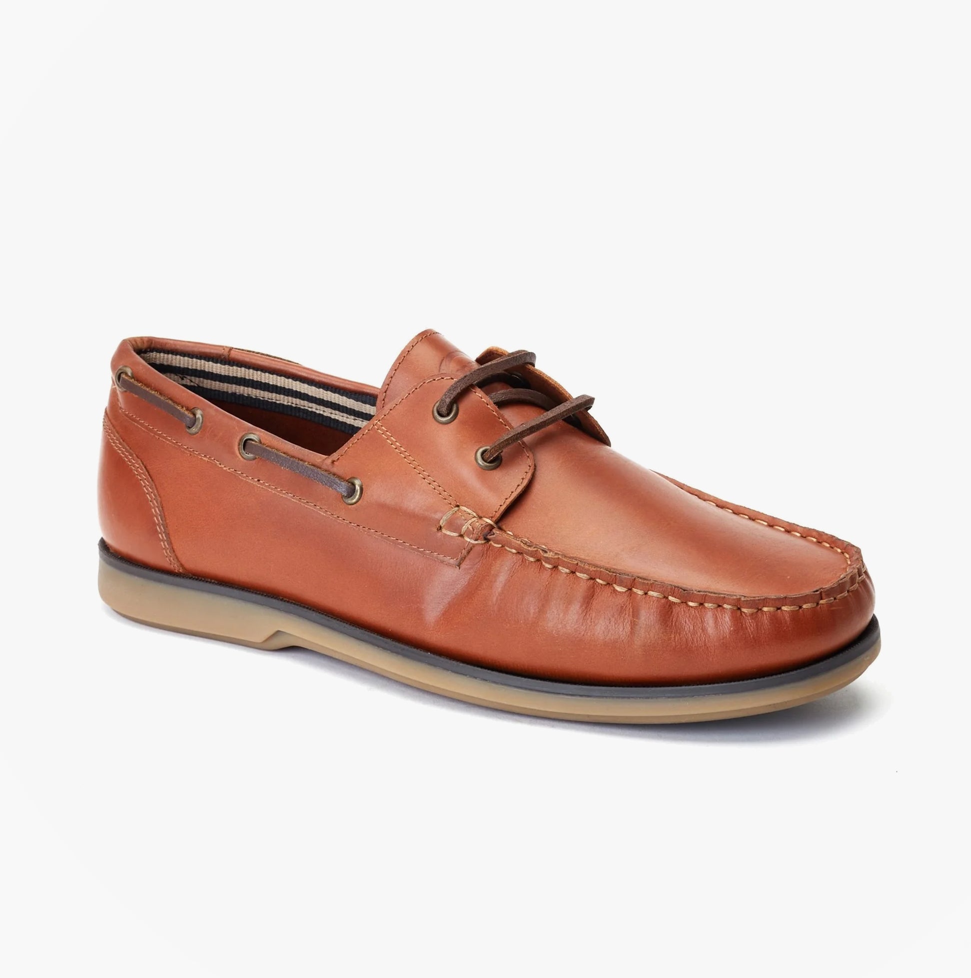 Base London STERN Mens Trainers Tan side view, leather boat shoes with lace-up closure and comfort design.