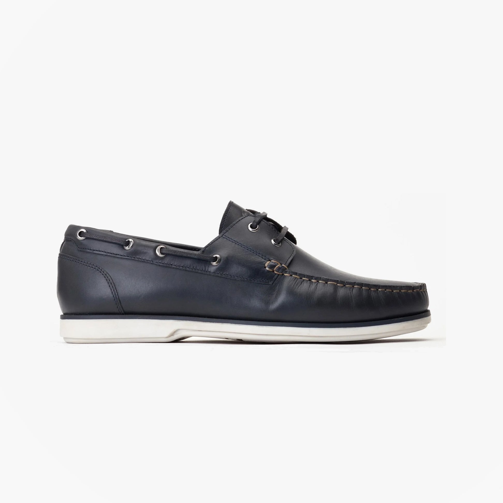 Base London STERN Mens Trainers Navy side view, leather upper, lace-up closure, low heel, stylish boat shoes.
