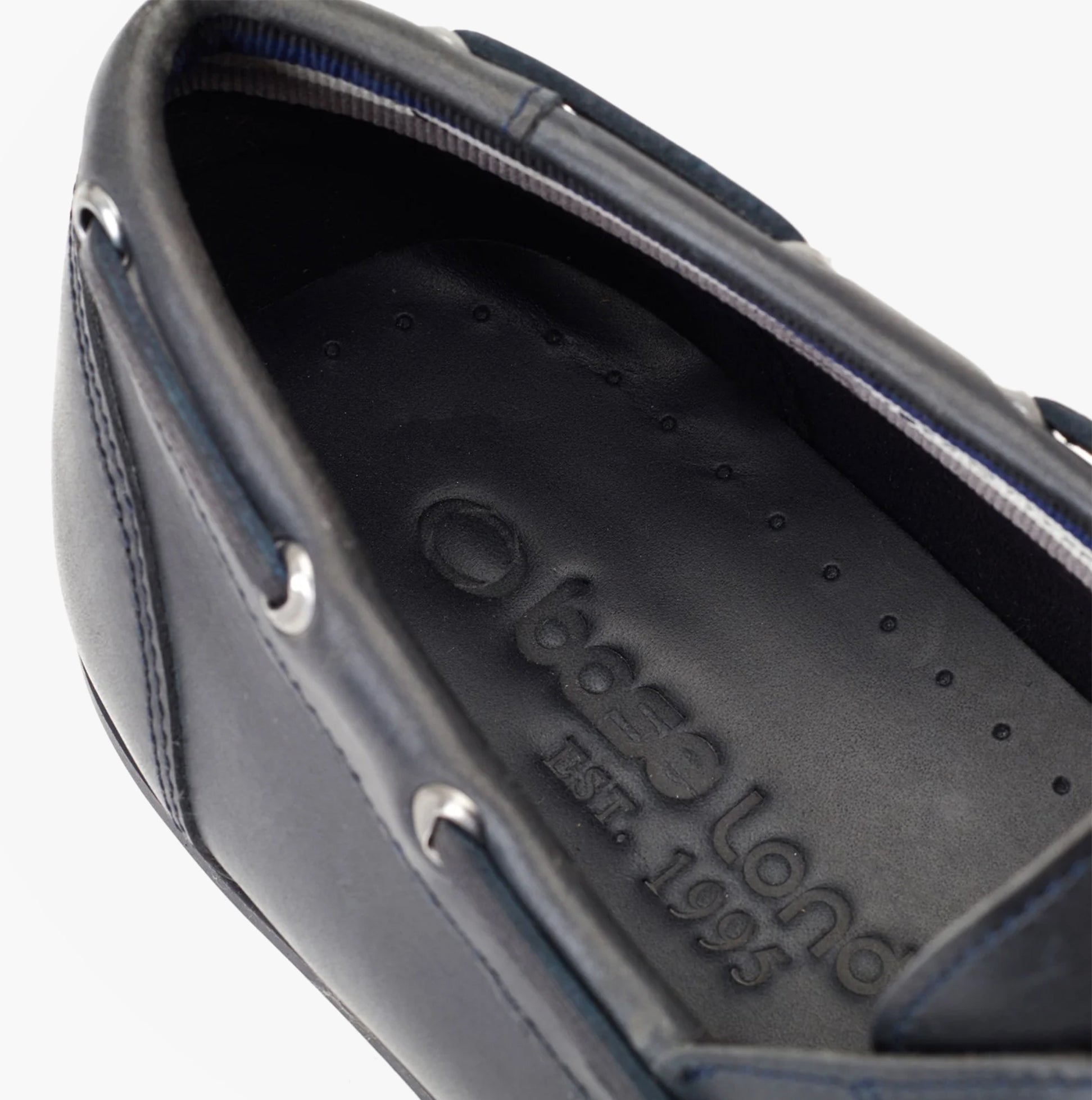 Base London STERN Mens Trainers Navy top view showing the interior leather lining and insole design.