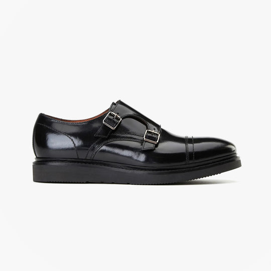 Base London KNIGHT Mens Shoes Black side view featuring leather upper and buckle fastenings.