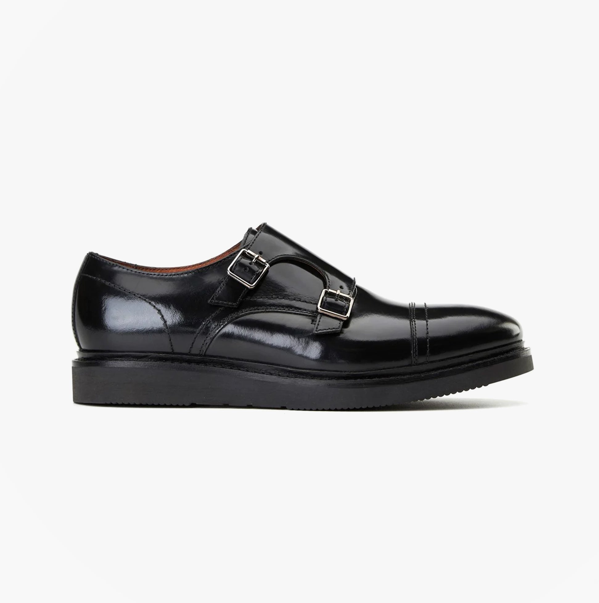 Base London KNIGHT Mens Shoes Black side view featuring leather upper and buckle fastenings.