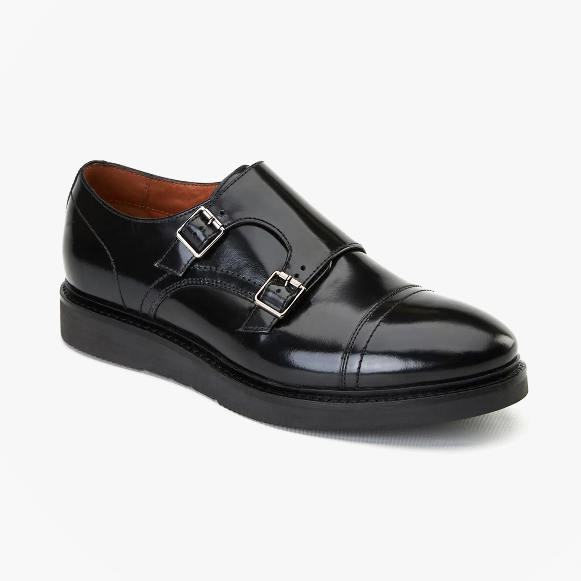 Base London KNIGHT Mens Shoes Black side view showing leather upper, buckle closure and almond toe design.