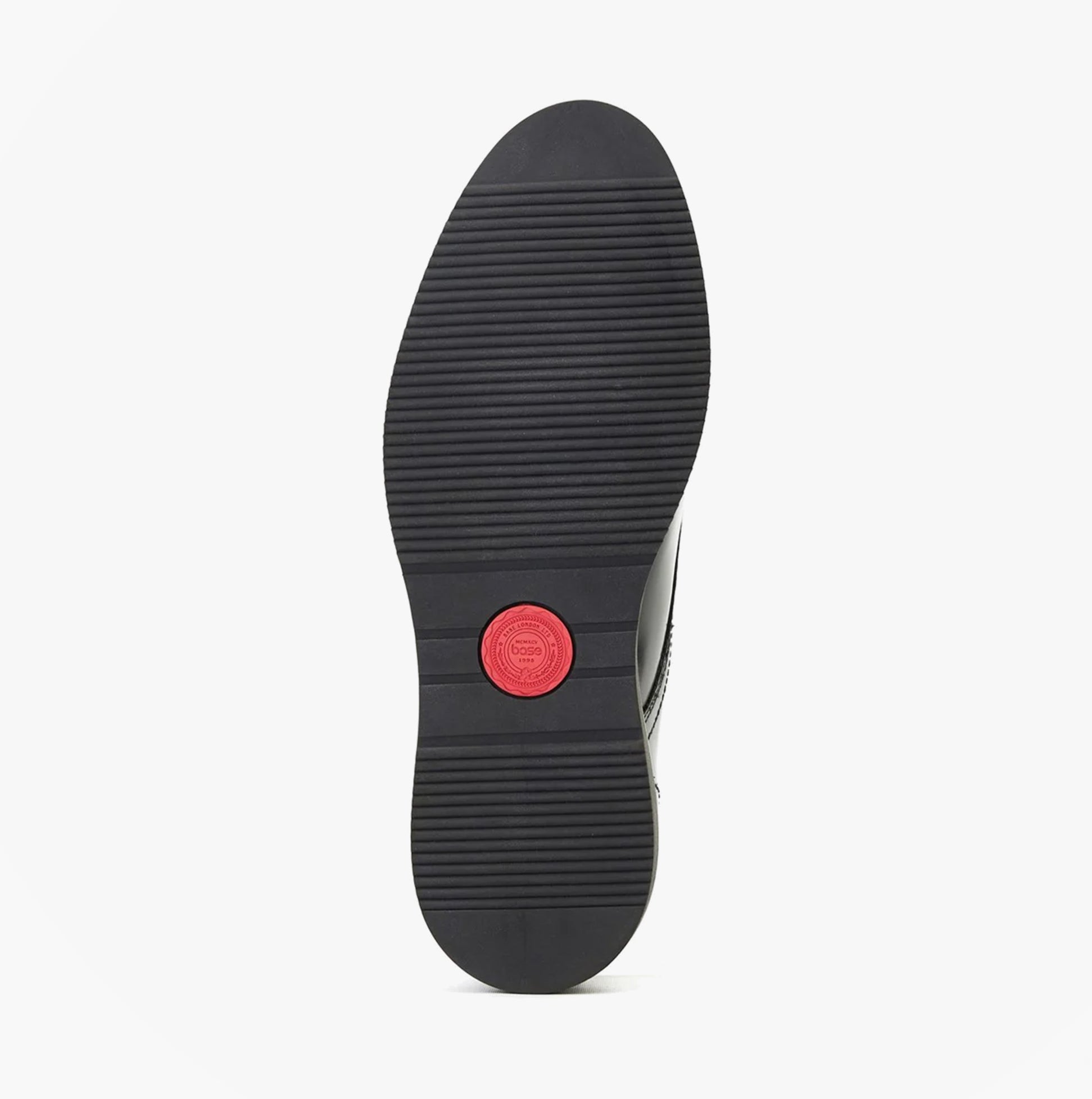 Base London KNIGHT Mens Shoes Black sole view with rubber bottom and red accent detail.