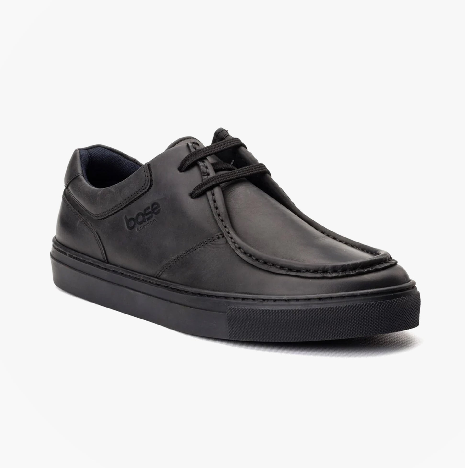Base London DALSTON Mens Shoes Black side view leather lace-up moccasins with round toe and low top design