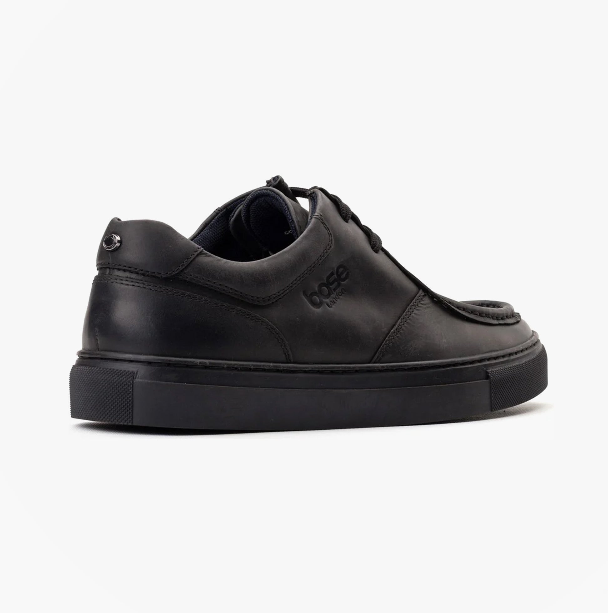 Base London DALSTON Mens Shoes Black side view showcasing comfortable moccasin style with leather upper and rubber sole.