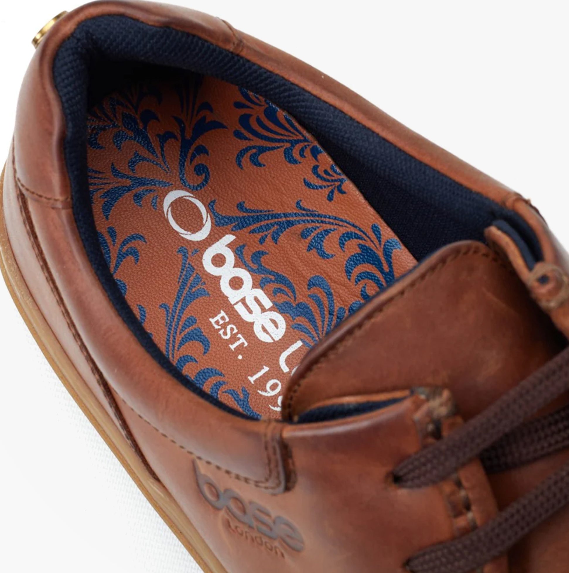 Base London DALSTON Mens Shoes Brown detail view showcasing the leather upper and patterned insole.