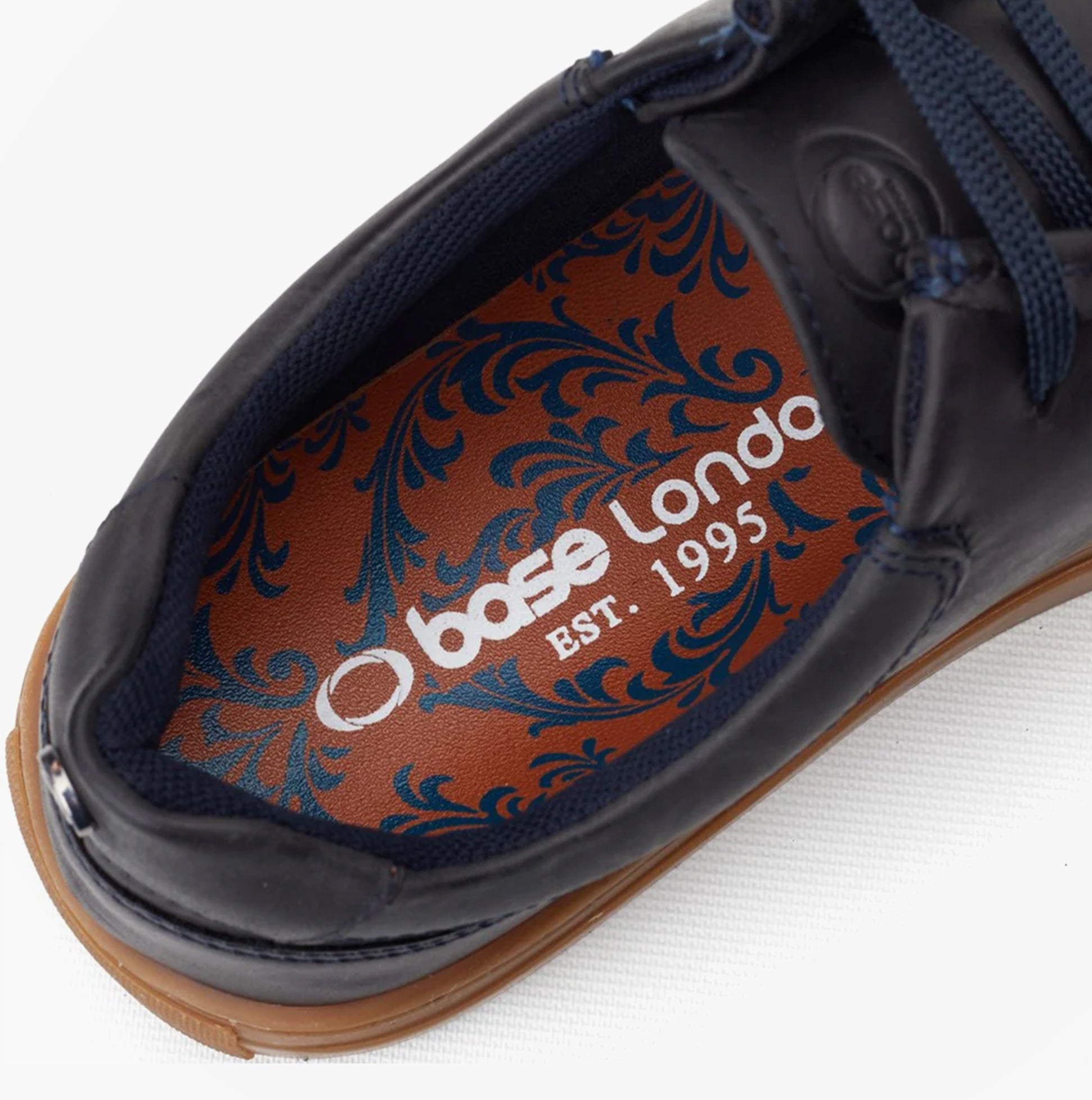 Base London DALSTON Mens Shoes Navy top view showing interior design and logo.