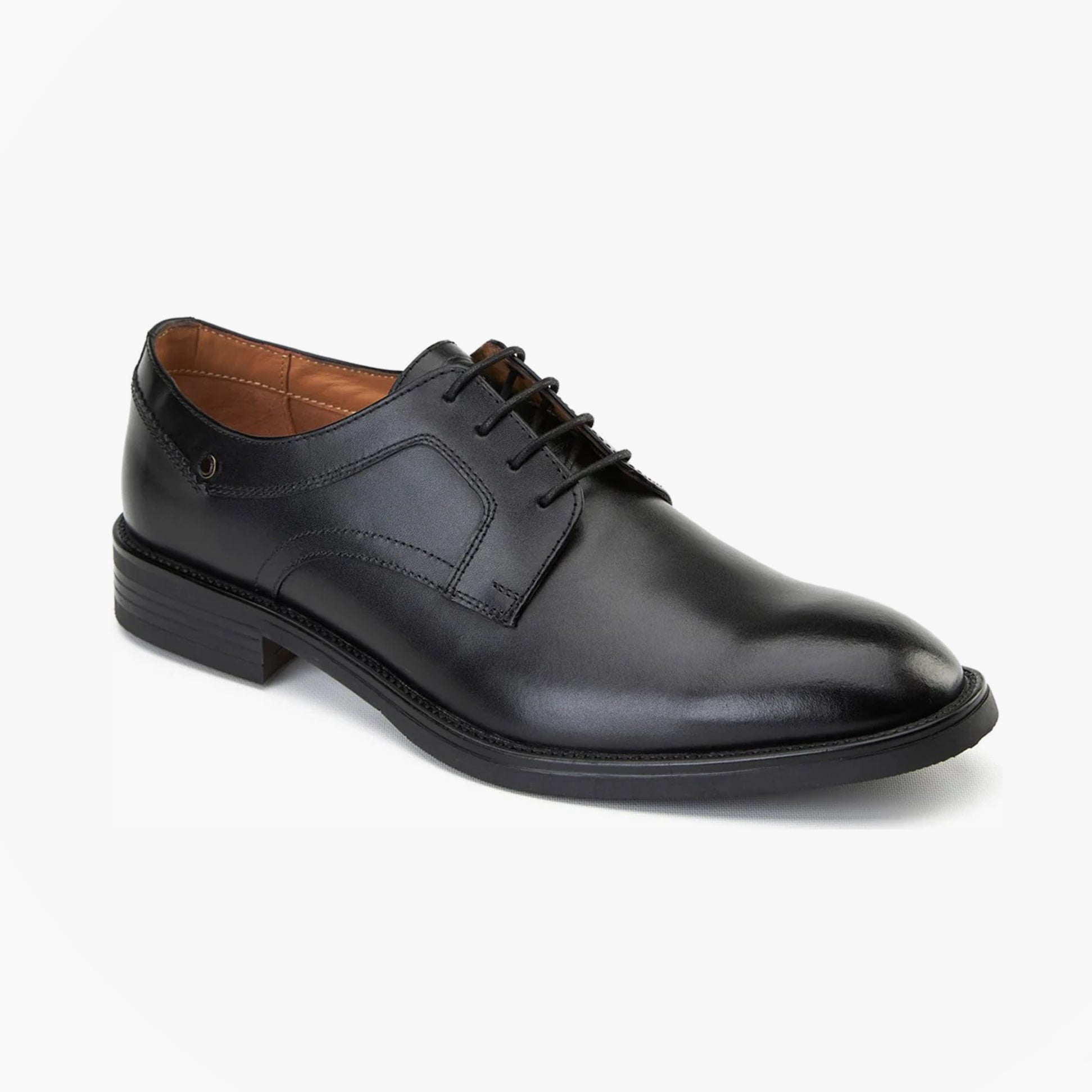 Base London SLEEVE Mens Shoes Black side view, leather lace-up derby shoes with almond toe shape.