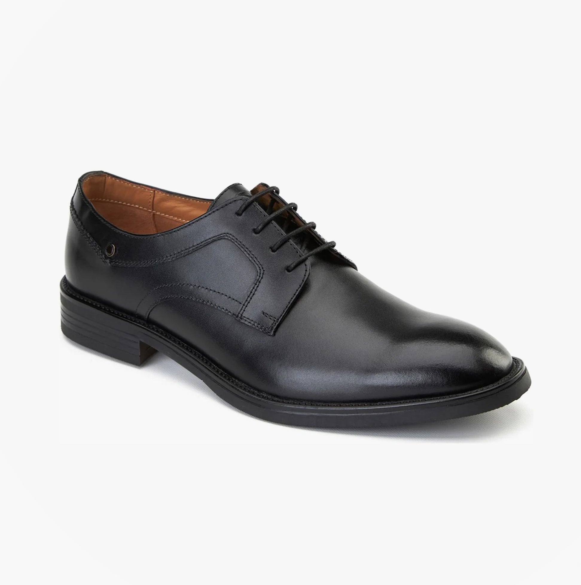 Base London SLEEVE Mens Shoes Black side view, leather lace-up derby shoes with almond toe shape.