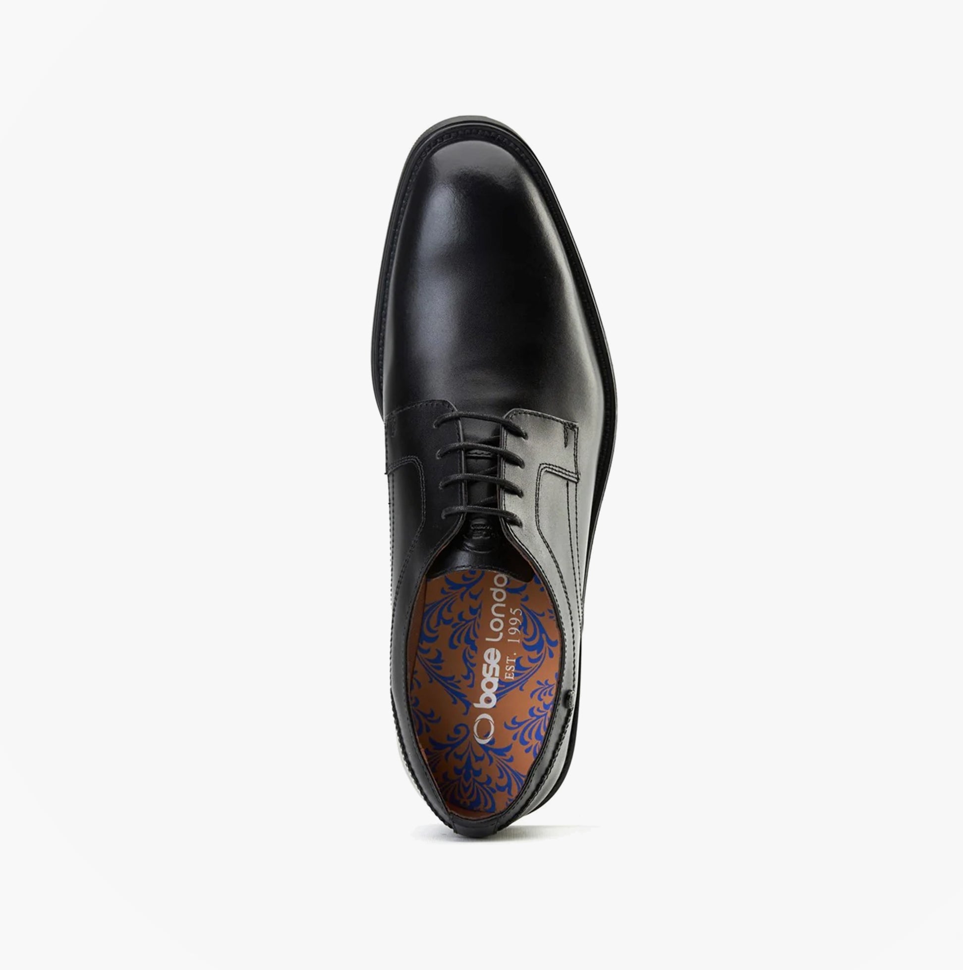 Base London SLEEVE Mens Shoes Black top view showing laces and inner lining design.