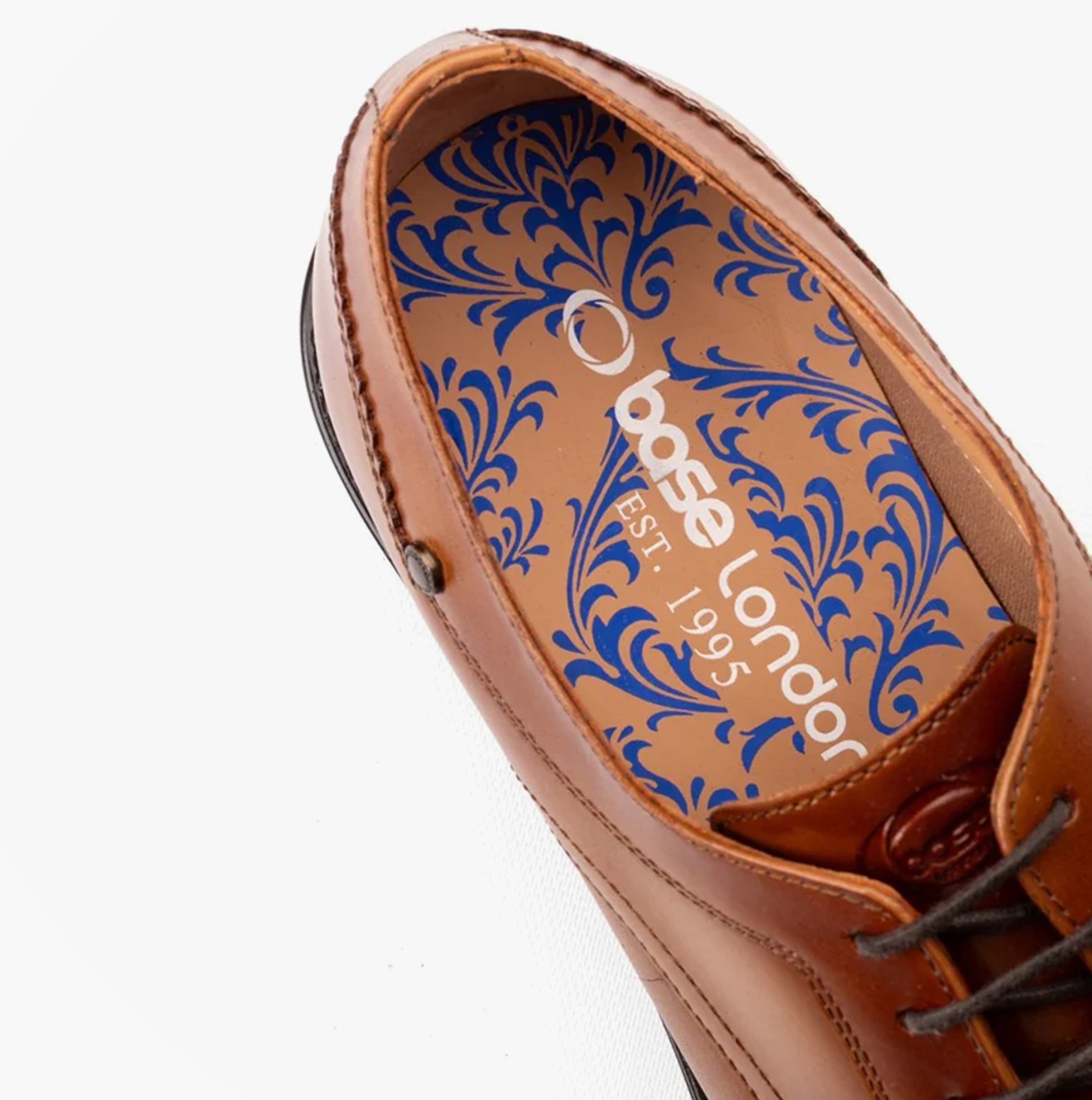 Base London SLEEVE Mens Shoes Tan detail view showing the leather insole with decorative pattern.