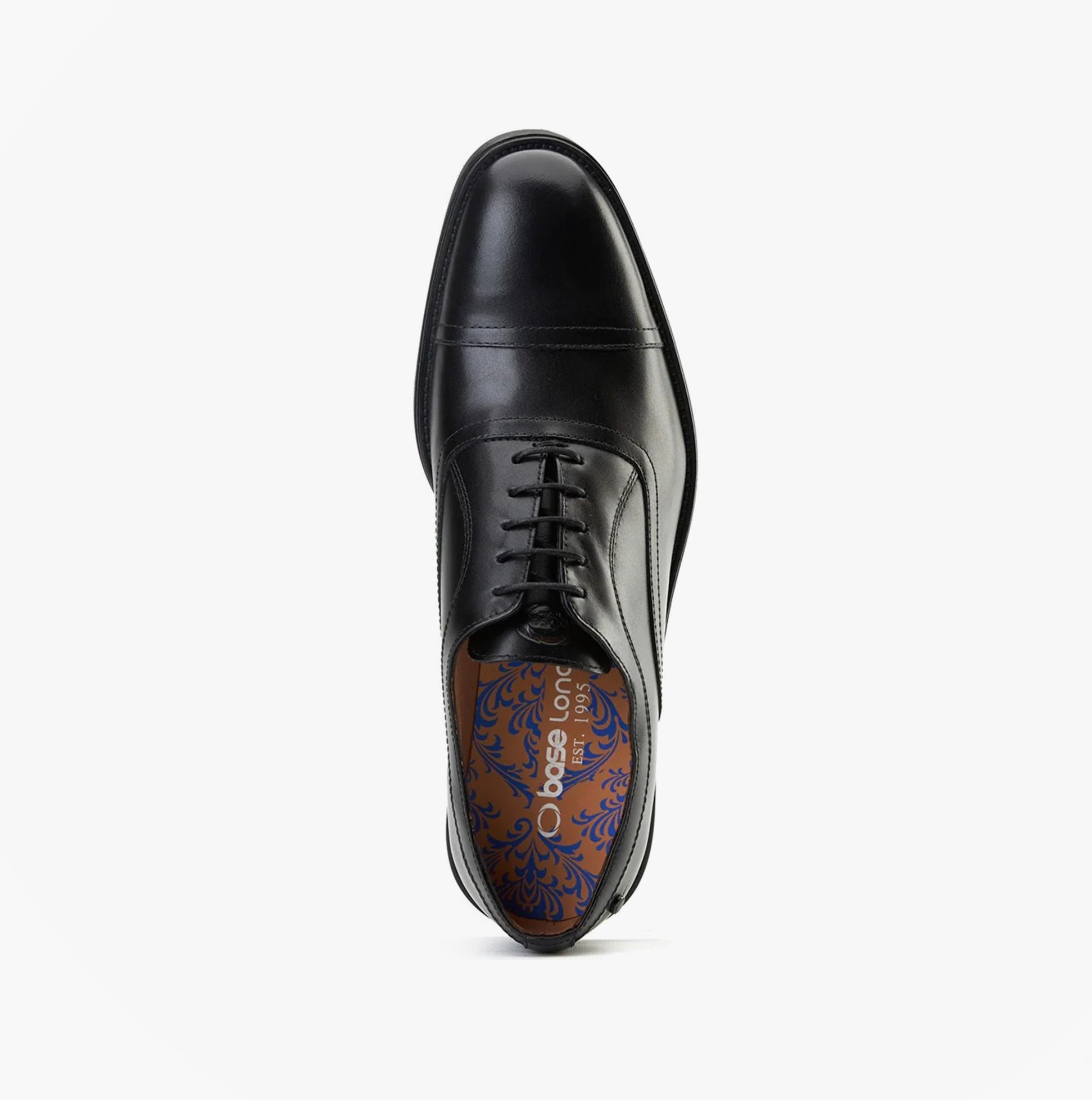 Base London LAPEL Mens Shoes Black top view showing sleek leather design and lace-up closure.