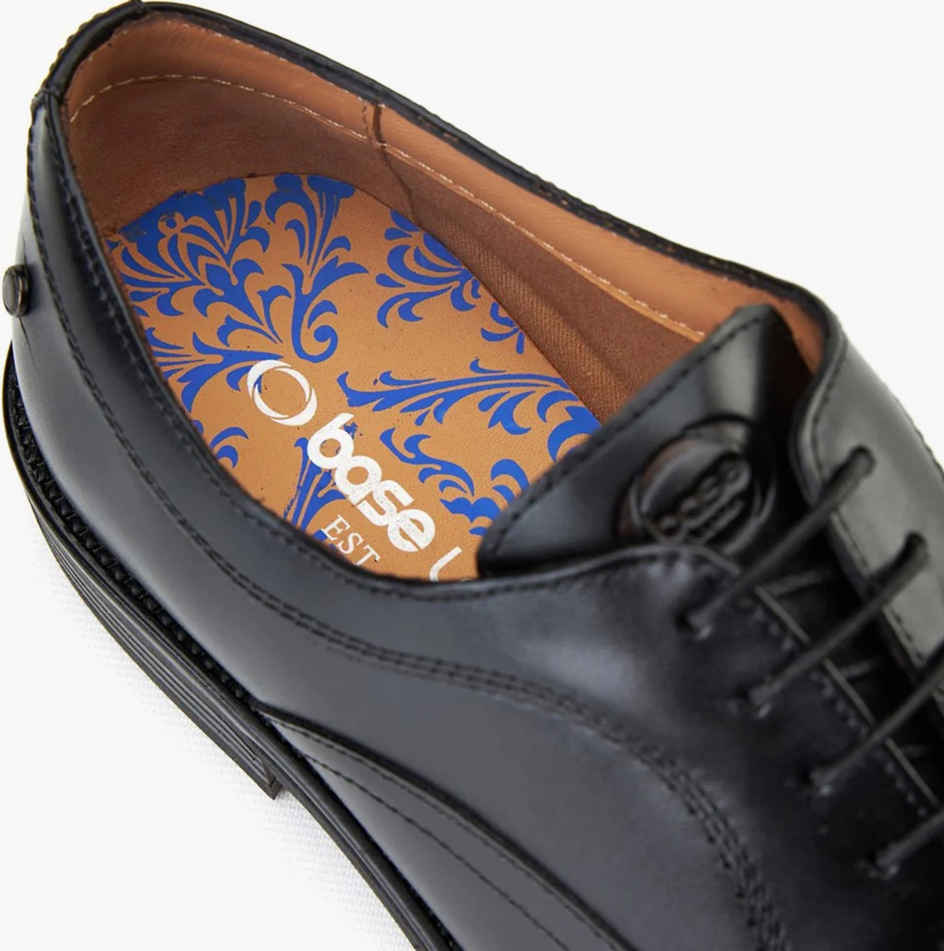 Base London LAPEL Mens Shoes Black detail view showing leather upper and stylish insole design.