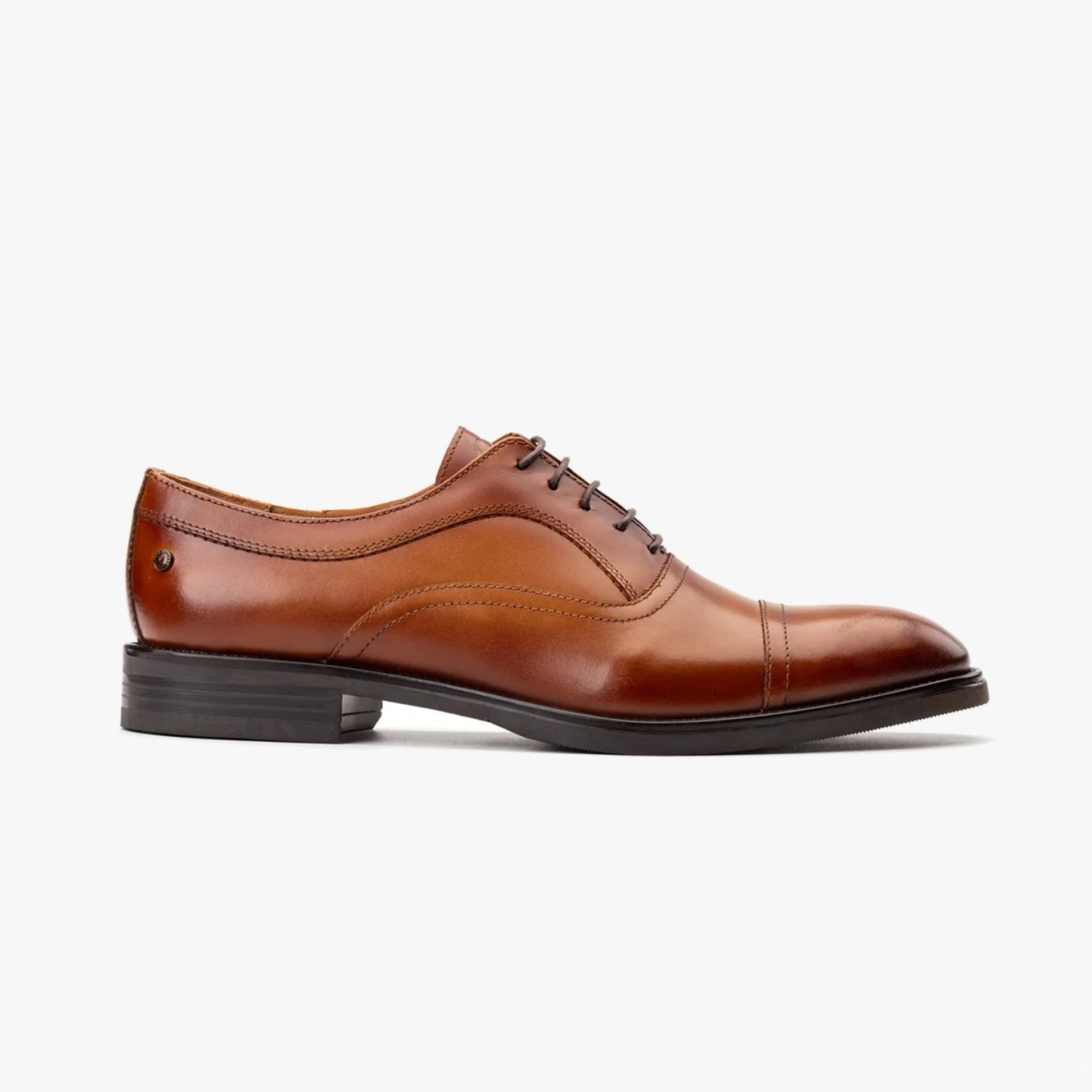 Base London LAPEL Mens Shoes Tan side view, leather Oxford shoes with almond toe and lace-up fastening.