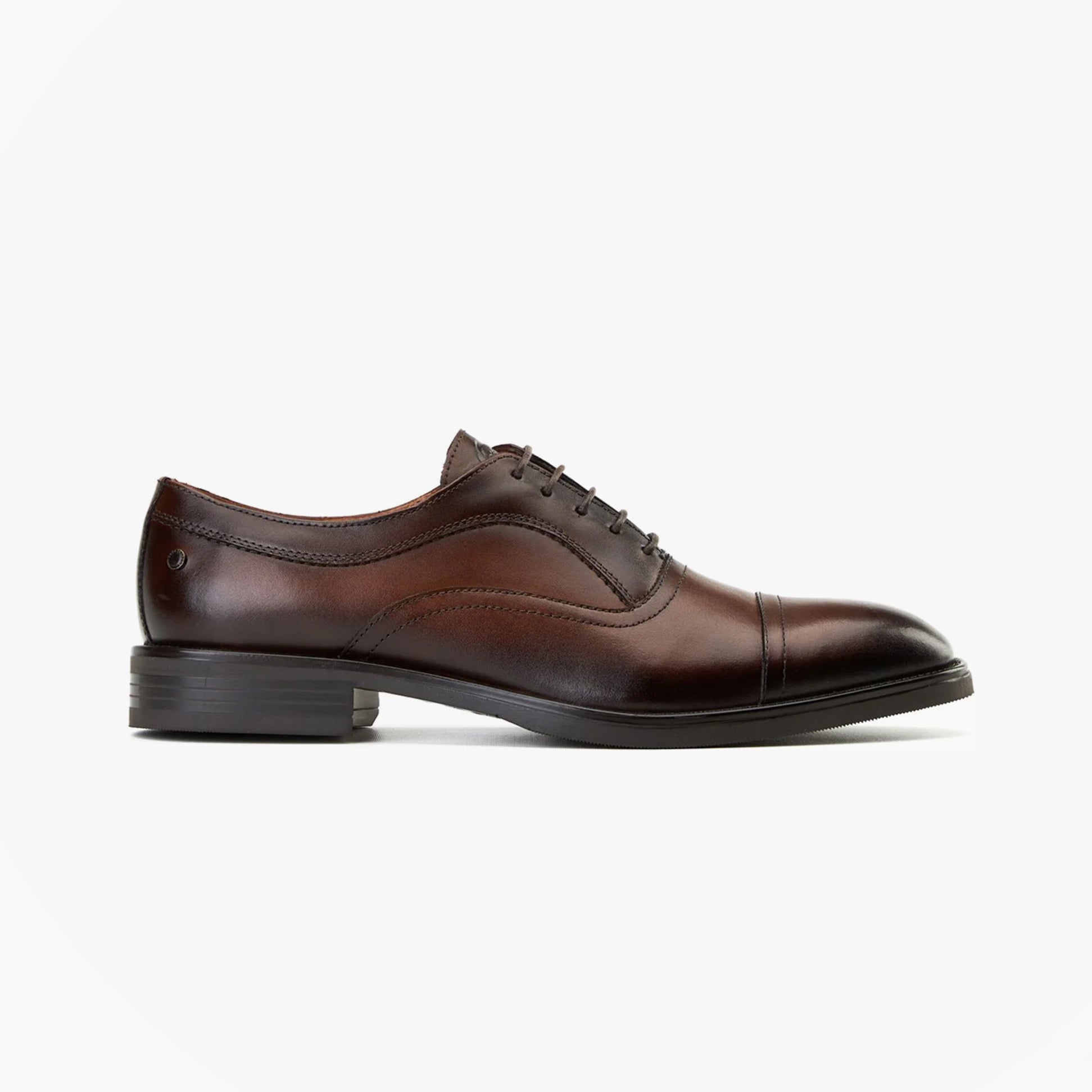 Base London LAPEL Mens Shoes Wine side view of leather Oxford shoes with almond toe and lace-up closure.