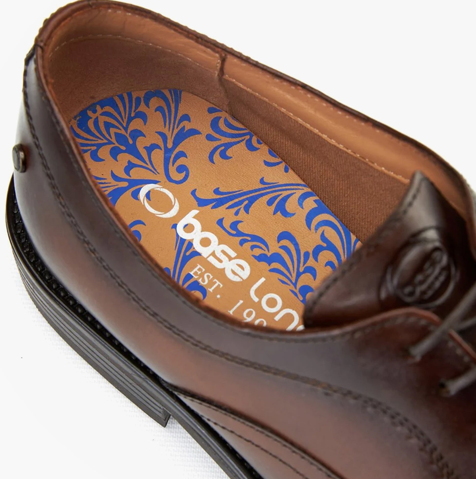 Base London LAPEL Mens Shoes Wine detail view of the shoe interior with logo and decorative insole design.