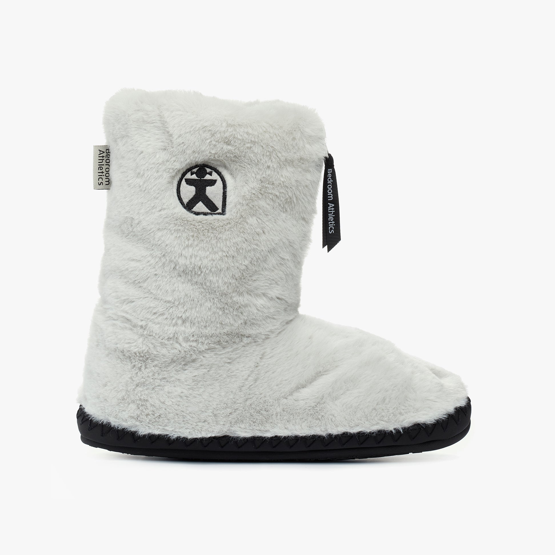 Bedroom Athletics MONROE Womens Faux Fur Boots Trace Grey/Charcoal side view of soft faux fur slipper boots.