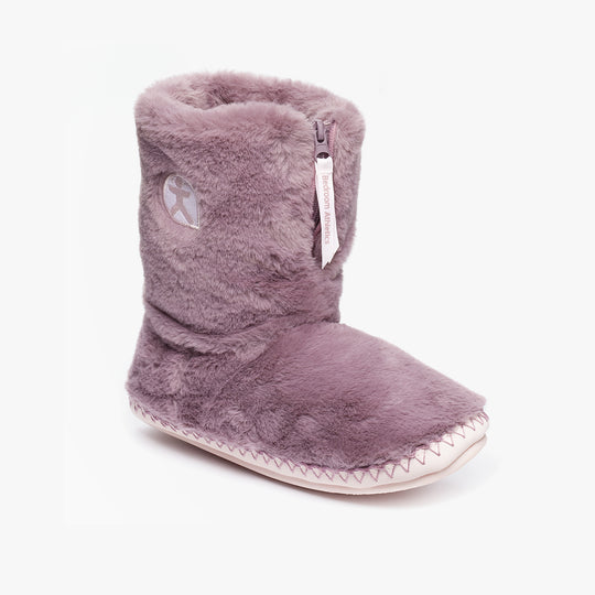 Bedroom Athletics MONROE Womens Faux Fur Boots Aquarelle/Dusky Pink side view showing soft faux fur material and round toe design.