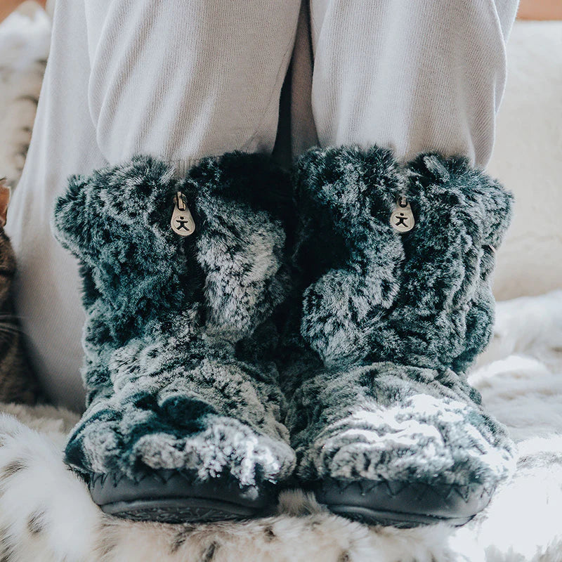 Bedroom Athletics COLE Womens Faux Fur Boots Black Wolf front view with cozy faux fur detailing and pull-on design.
