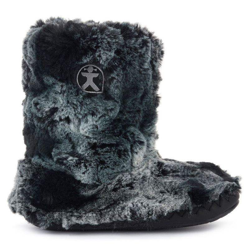 Bedroom Athletics COLE Womens Faux Fur Boots Black Wolf side view showing faux fur design and black sole