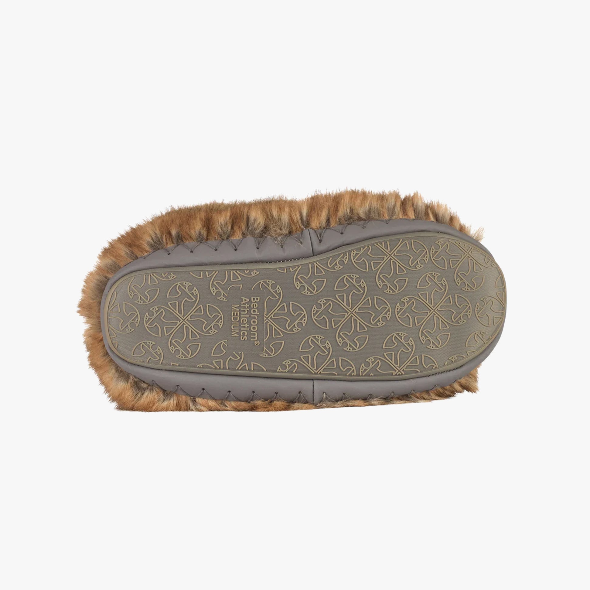 Bedroom Athletics COLE Womens Slipper Boots Weasel bottom view showing rubber sole and faux fur detail.