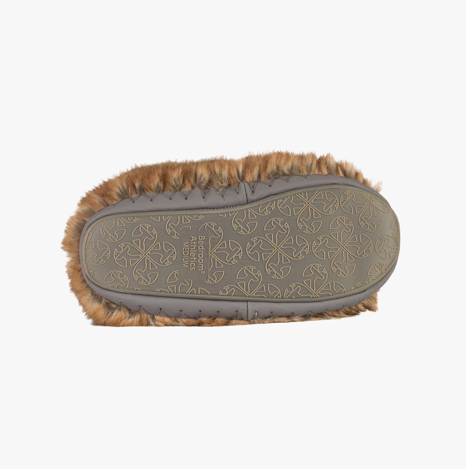 Bedroom Athletics COLE Womens Slipper Boots Weasel bottom view showing rubber sole and faux fur detail.