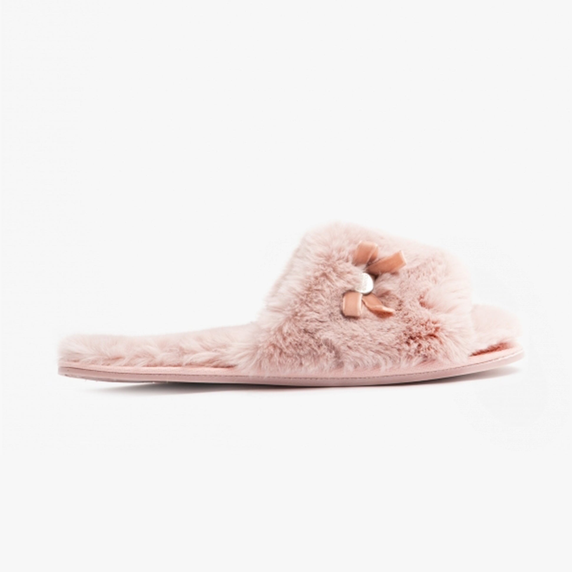 Bedroom Athletics RUBY Womens Faux Fur Slide Slippers Aquarelle side view showcasing plush material and round toe design.