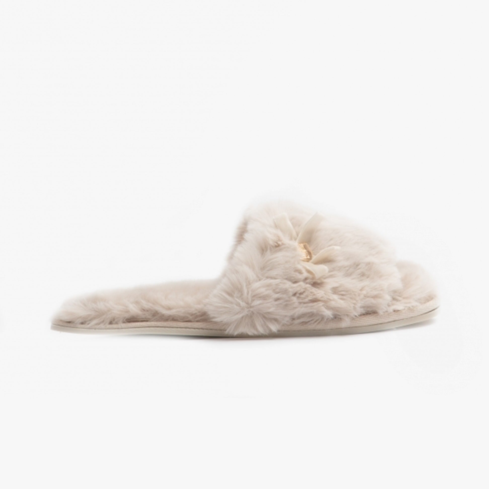 Bedroom Athletics RUBY Womens Faux Fur Slide Slippers Cream side view showing plush material and round toe design.