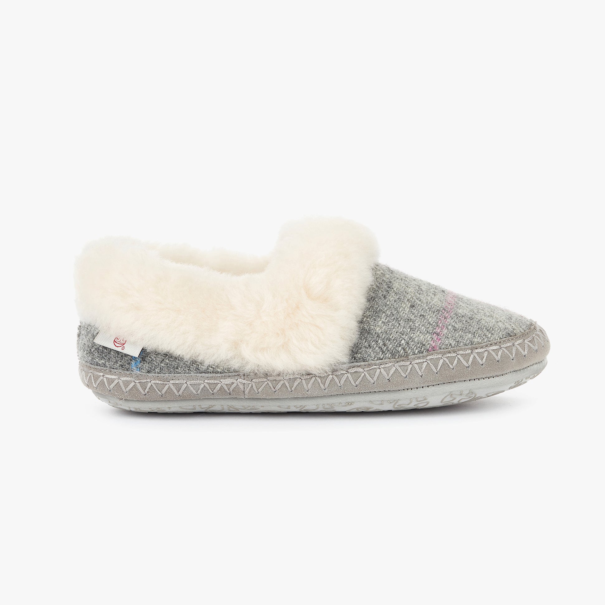Bedroom Athletics DIANA Womens Moccasins Grey/Pink Check side view showcasing soft textile upper and fluffy lining.